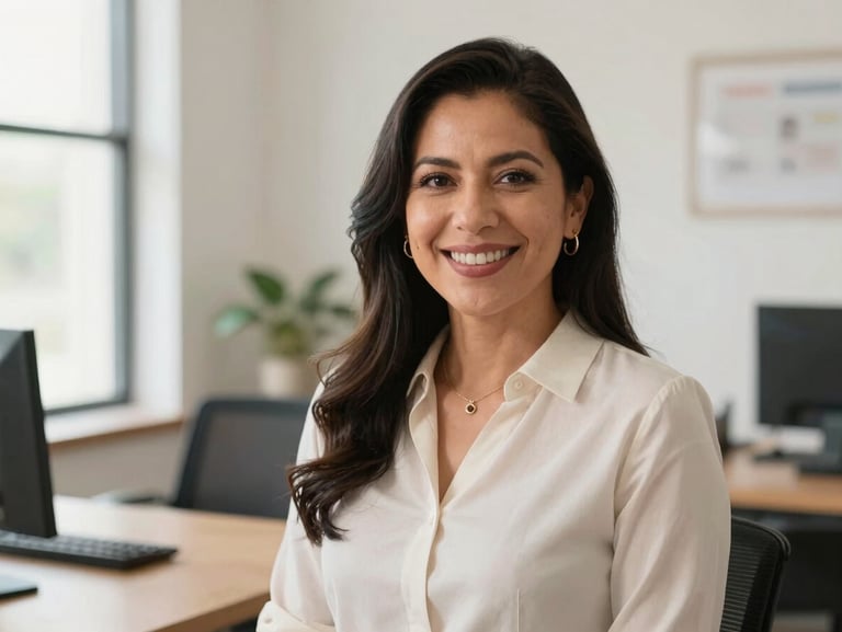Warm editorial portrait of a professional Mexican advisor in a bright, natural office environment, smiling warmly, soft clean tones, 35mm lens
