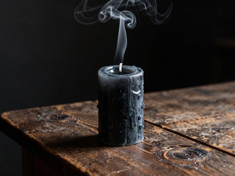 Dripping black beeswax candle on an old wooden table, smoke curling slowly in a dark room, chiaroscuro lighting, moody and mysterious.