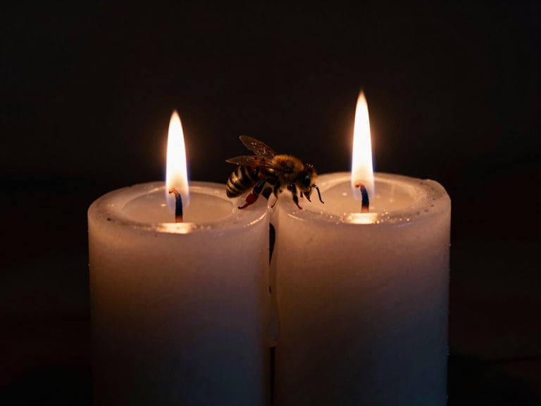 Two dark beeswax candles dripping together, their flames merging into a single dim light, deep shadows in the background.