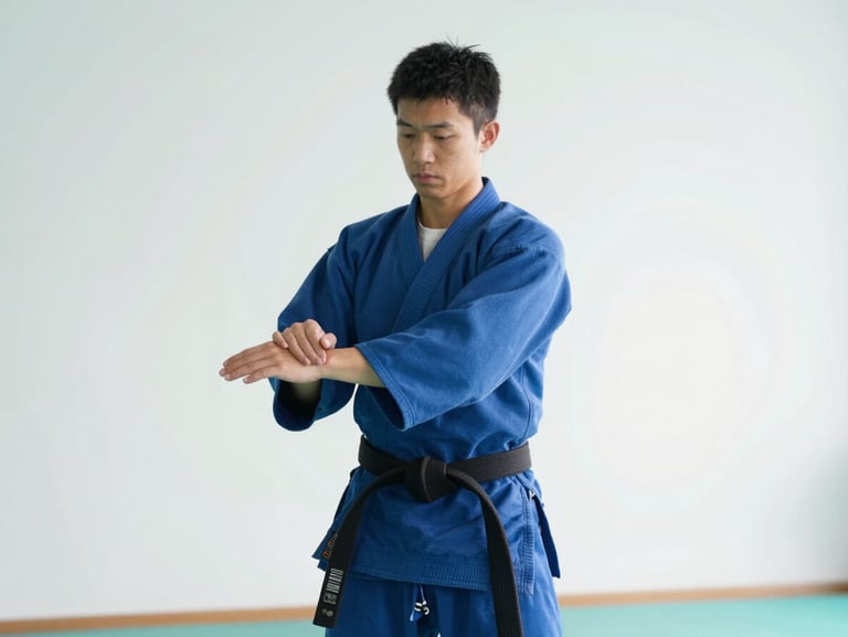 Aikido practitioner executing a controlled immobilization technique, focused and calm expression, soft natural light, 35mm