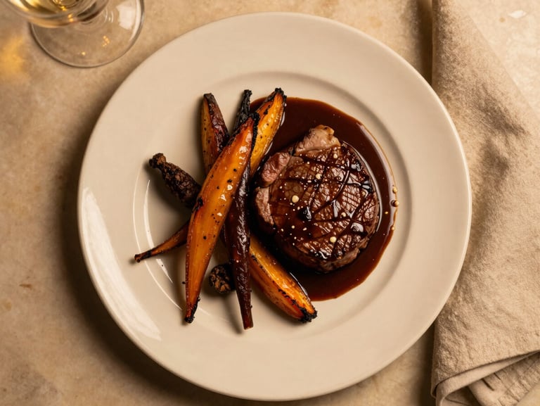 Overhead flatlay of a plated filet mignon with roasted root vegetables and a dark demi-glace reduction on cream-white luxury dinnerware, warm golden ambient light, linen napkin visible at the edge