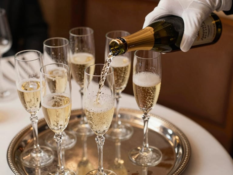Close-up overhead of a gloved hand pouring Champagne into a crystal flute on a silver tray, other filled flutes alongside, warm ambient ballroom light, cream and gold tones throughout