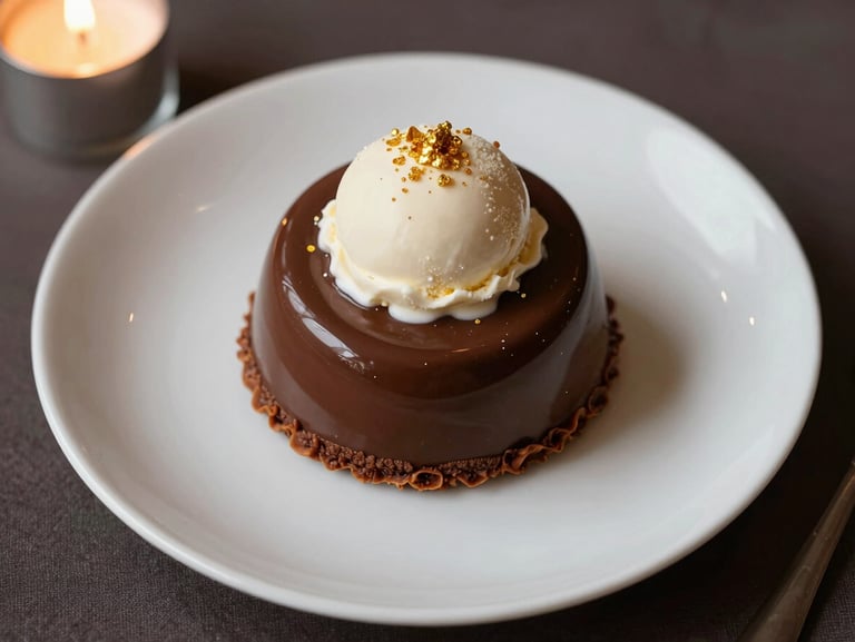 Overhead close-up of a plated chocolate fondant dessert on cream porcelain, a quenelle of vanilla ice cream beside it, gold-dusted garnish, warm candlelit ambient light, dark linen surface beneath