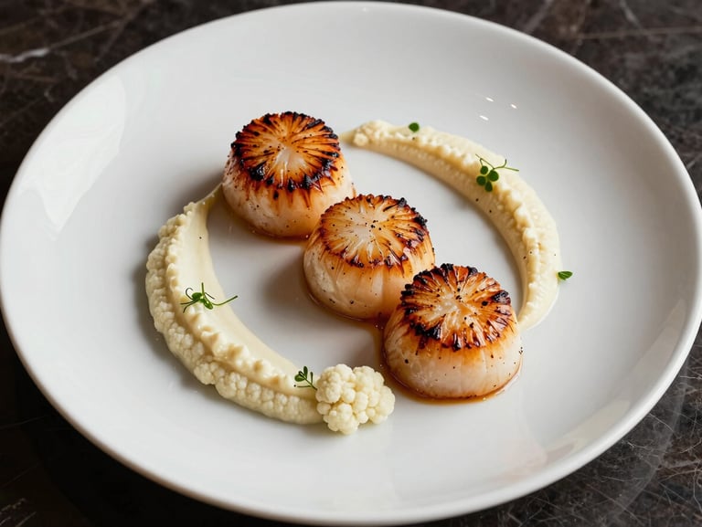 Overhead close-up of seared scallops on a white luxury plate with a swirl of pale cauliflower purée, micro herbs scattered precisely, warm amber studio light from above, dark marble surface beneath