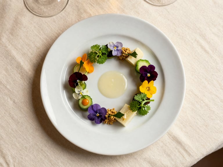 Overhead flatlay of a seasonal tasting course presentation — a white plate with an elegant arrangement of spring vegetables, edible flowers, and a pale emulsion, photographed under warm diffused natural light on a cream linen tablecloth