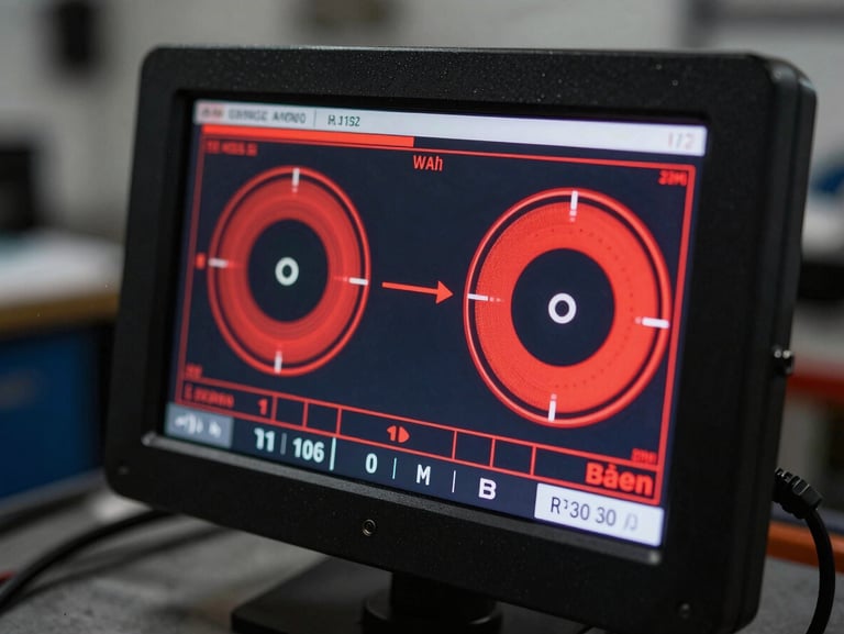 Macro shot of a digital diagnostic screen displaying vehicle brake performance metrics inside a dark workshop, illuminated by sharp red interface graphics.