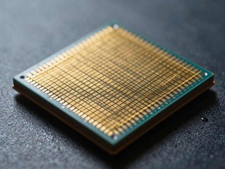 Macro shot of gold-bonded wire threads on a silicon wafer, cool sterile studio lighting, high-contrast.