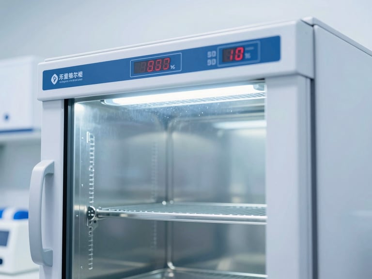 A clinical laboratory incubator, stainless steel interior, sterile digital display, bright high-key medical lighting