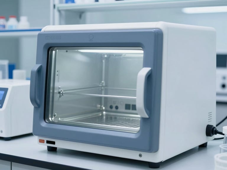 Clean white laboratory incubator and scientific equipment in a sterile pathology lab environment, cool blue tones.