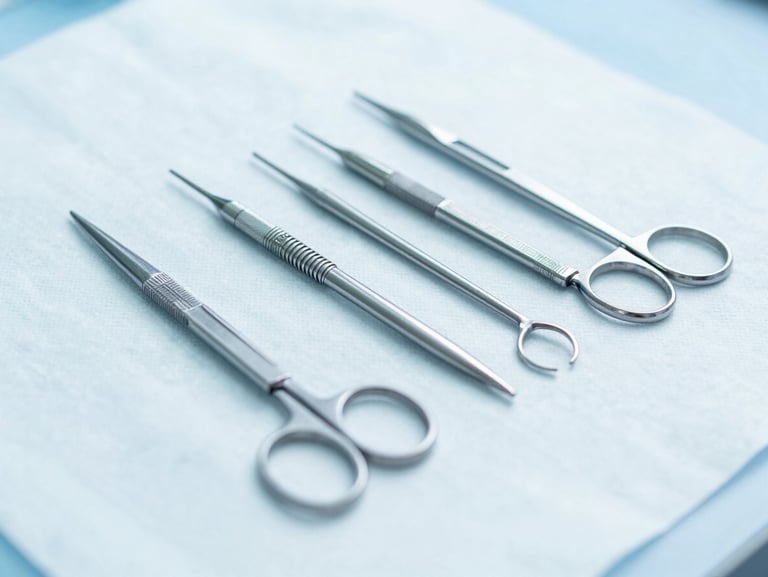 Sharp macro shot of sterile surgical blades and steel needles arranged neatly under high-key clinical lighting.