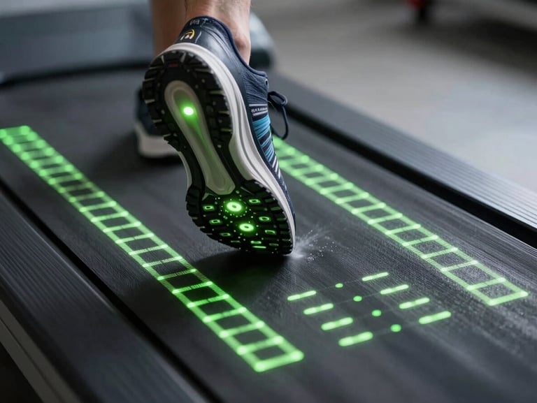 Macro shot of technical running shoe outsole striking a pressure-sensitive gait analysis treadmill, neon green glowing sensors, high-contrast side-lighting, cool technical tones