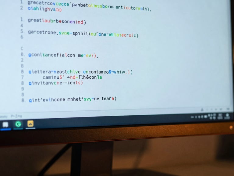 Macro close-up of clean, well-commented code blocks on a modern matte monitor, cool blue studio lighting with sharp safety-orange accent reflections on the screen bezel.