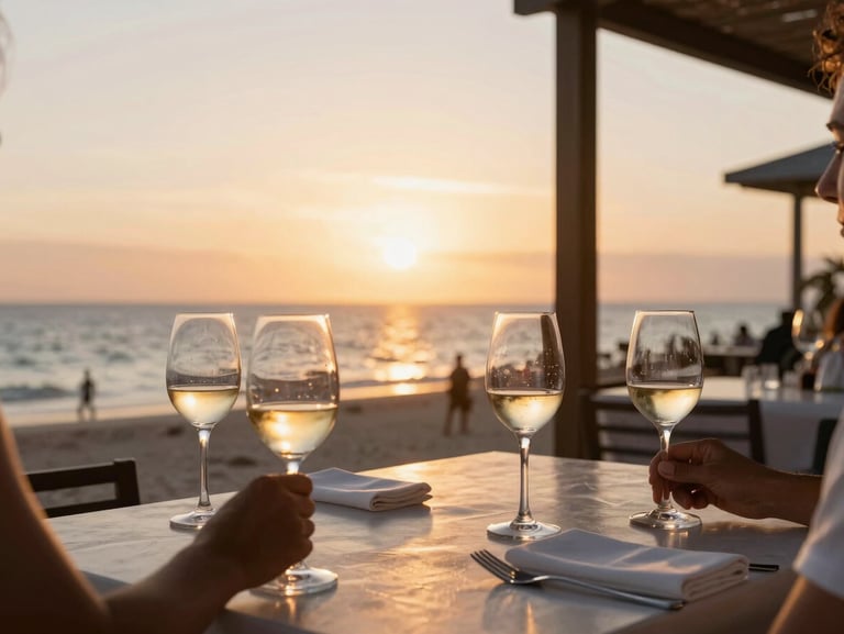 A premium wine tasting on a sunset terrace overlooking Punta Cana beach, elegant glasses, warm golden-hour glow, sophisticated atmosphere.