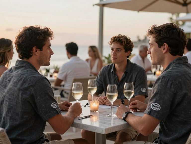 Candid shot of a lively conversation table at an upscale outdoor lounge in Punta Cana, language matching stickers visible on linen shirts, soft evening ambient light.