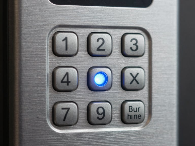 Macro shot of physical security hardware, biometric access control keypad with brushed steel texture and a clean blue indicator light.