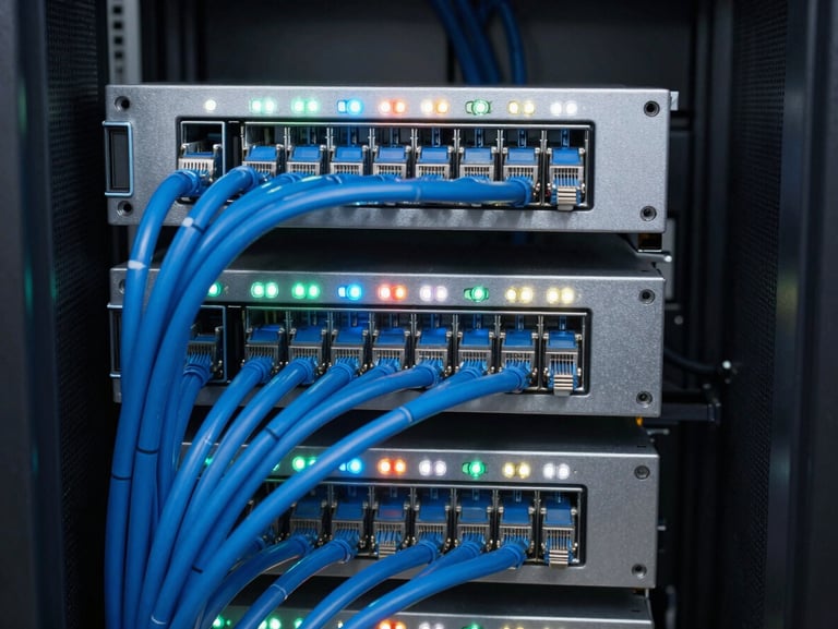 Sleek server rack interior with perfectly organized blue ethernet cables, glowing status LEDs, and metallic reflections.
