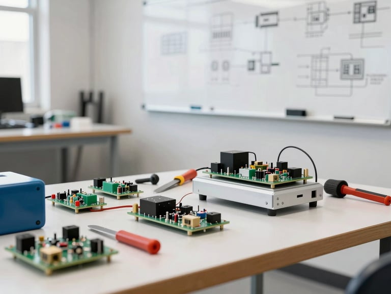 Crisp industrial photography of a modern active workshop in Lindon, Utah, with electronic prototype components, tools, and whiteboard schematics visible under bright natural light, sharp focus, 35mm lens.