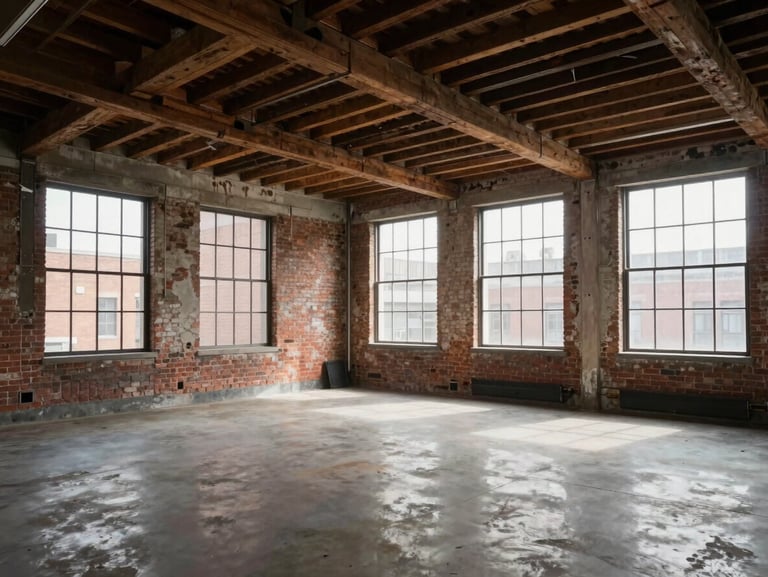 Interior of a spacious loft office with exposed timber beams and sandblasted brick walls, soft natural light from large industrial windows.