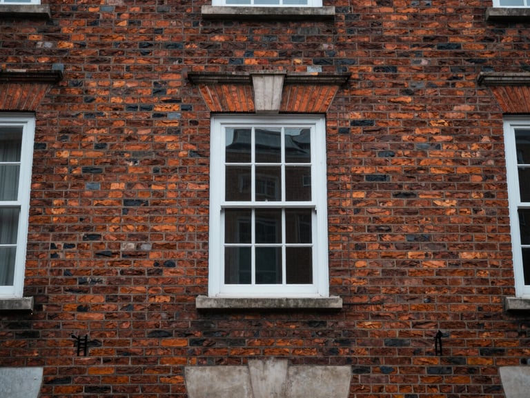 Straight-on architectural detail of restored 1840s brick townhouse exterior, natural overcast daylight, focusing on masonry texture