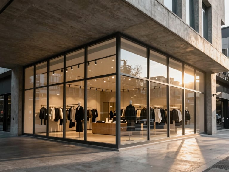 Street-level view of a modern corner retail space with high concrete ceilings and floor-to-ceiling glass windows, late afternoon low-sun.