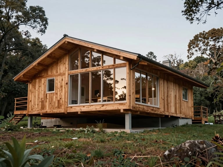 Mid-century modern residence exterior, post-and-beam timber construction, integrated into a wooded hillside, soft natural light
