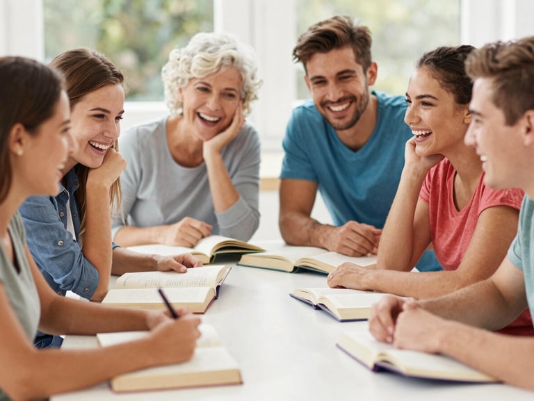 A group of multi-generational students sharing a laugh around a table with Italian books, bright daylight, authentic expressions.