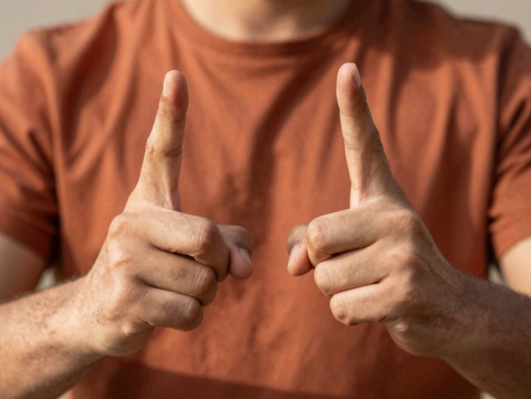 Close-up of a person's hands forming a clear sign, warm dramatic side lighting, shallow depth of field, terracotta color accents.