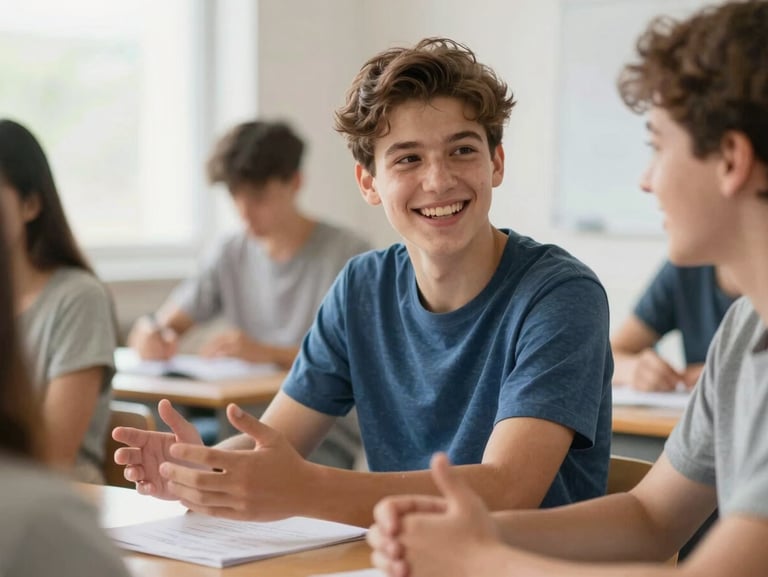 A smiling teenager talking and gesturing warmly during an English conversation class, bright daylight, shallow depth of field.