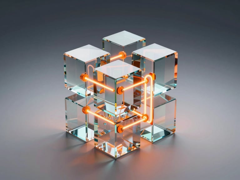 Abstract 3D digital render of interlocking glass blocks and glowing orange neon nodes, isometric perspective, dark-to-light studio background.