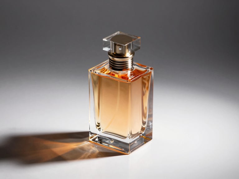 Isometric 3D render of a premium glass perfume bottle with realistic refraction, floating on a stark white surface with sharp orange studio lighting shadows.