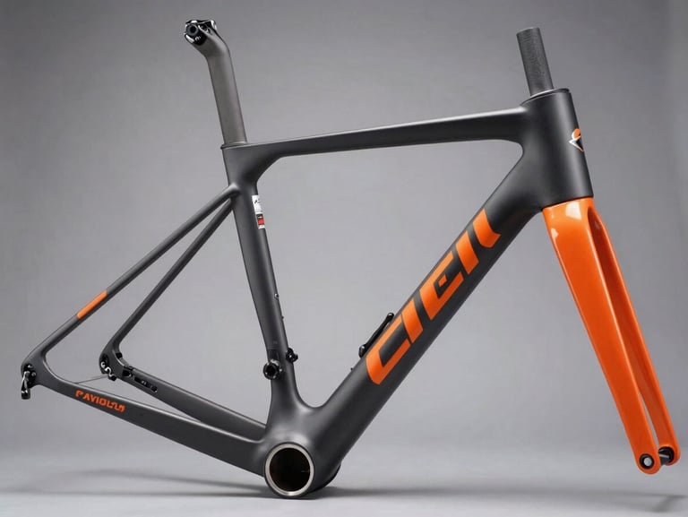 Dynamic close-up of a sleek modern bicycle frame, vibrant orange accent lines, studio lighting with sharp directional shadows.