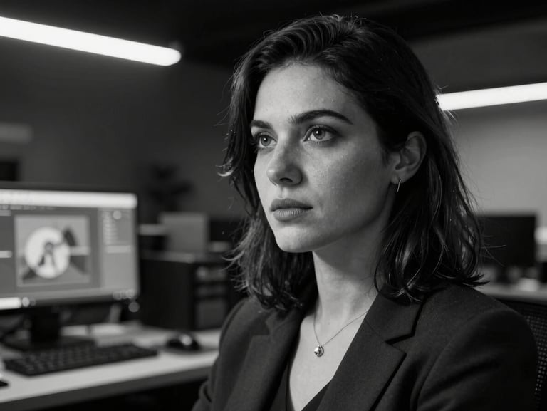 High-contrast black-and-white portrait of a female technical lead looking off-camera, dramatic low-key lighting with a subtle cyan rim light, modern tech workspace background.