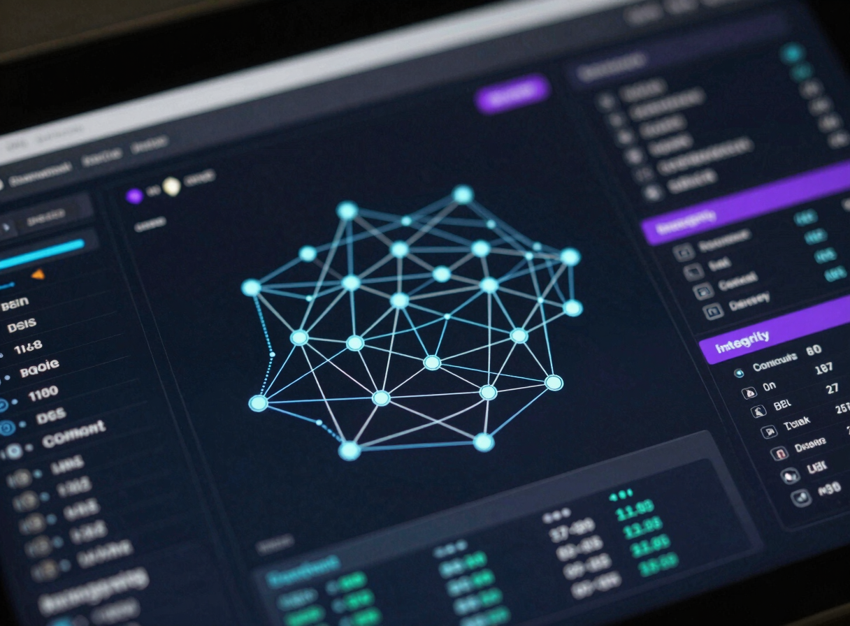 Macro close-up of a technical data layer integrity dashboard with complex network graphs, dark-mode UI, electric purple accents.