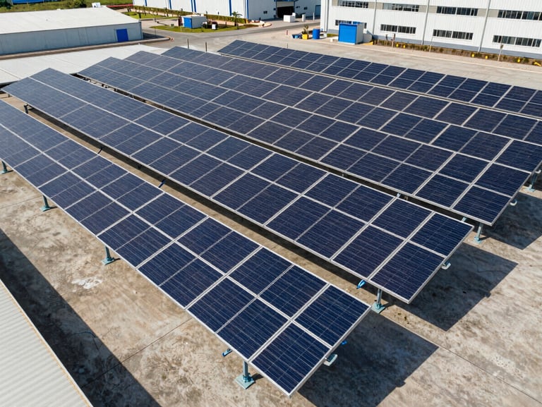 Vista aérea de uma grande instalação de painéis solares industriais sobre o telhado de uma fábrica moderna, sob luz solar clara do dia, linhas geométricas limpas.