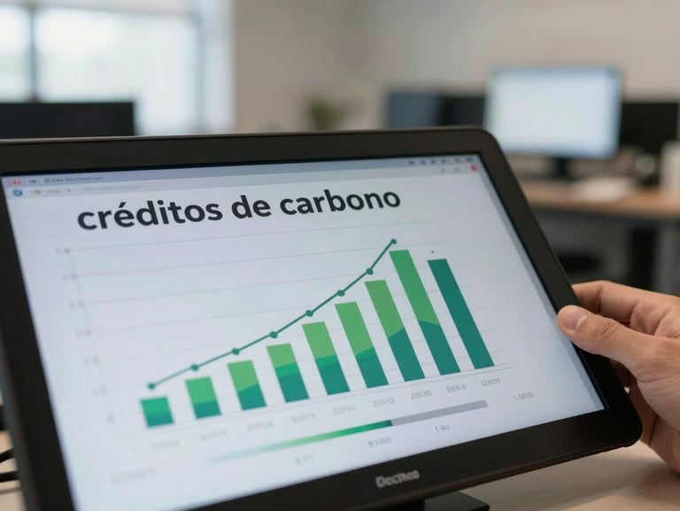 Close-up de um gráfico de créditos de carbono em uma tela de alta resolução em escritório corporativo limpo, com reflexos suaves de luz natural.