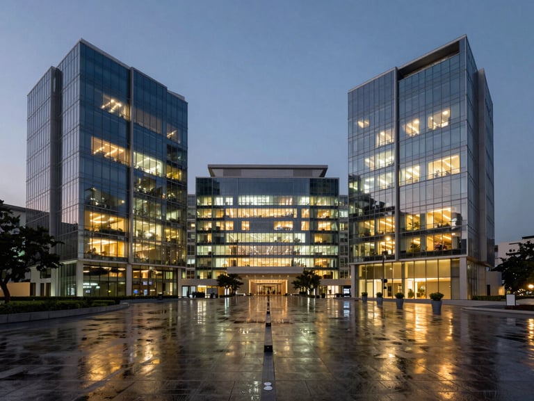 Wide panoramic view of the modern glass facades in Bandra Kurla Complex at dusk, warm office lights reflecting on wet pavement.