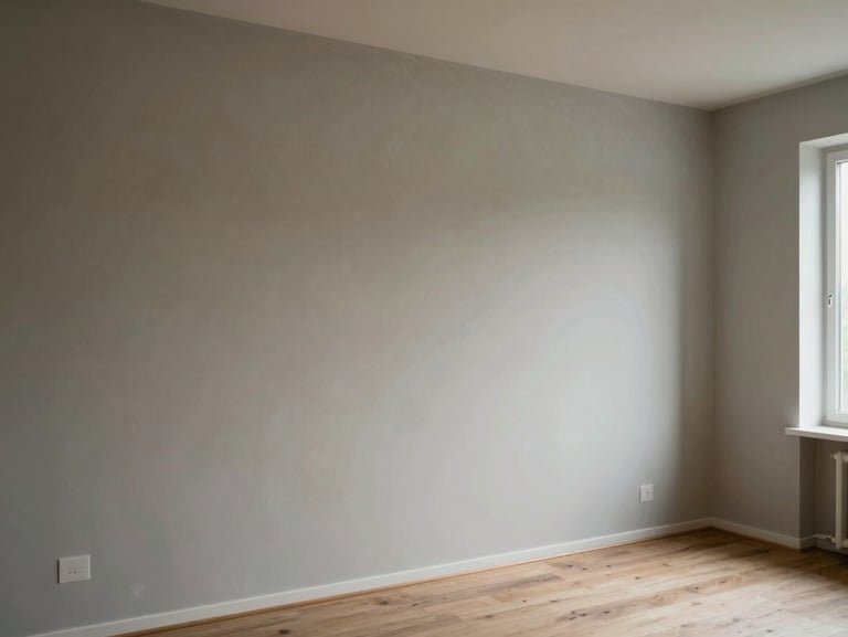 Intérieur lumineux en Vendée montrant un mur parfaitement enduit et peint, lumière naturelle rasante révélant la netteté des finitions.