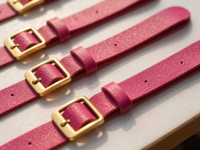 Macro shot of solid brass buckles and fuchsia Biothane straps laid out on a clean workbench, warm natural sunlight highlighting the metallic textures.