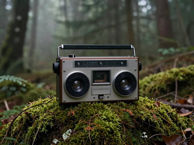 A rustic analog tape recorder resting on moss in a foggy forest, moody cinematic lighting, deep earthy ochres and forest greens, 35mm anamorphic lens