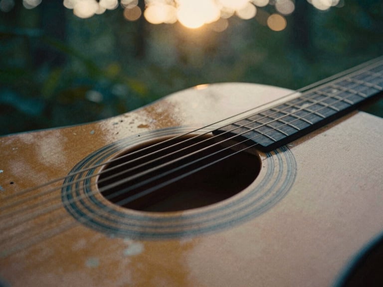 Extreme close-up of acoustic guitar strings and weathered wood, warm golden hour light through leaves, cinematic film grain, 35mm lens