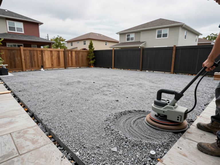 Wide shot of a residential backyard patio mid-installation in Brossard, showing granular base layer being compacted with a plate compactor, worker boots and tool visible at frame edge, overcast daylight, neighboring homes in background