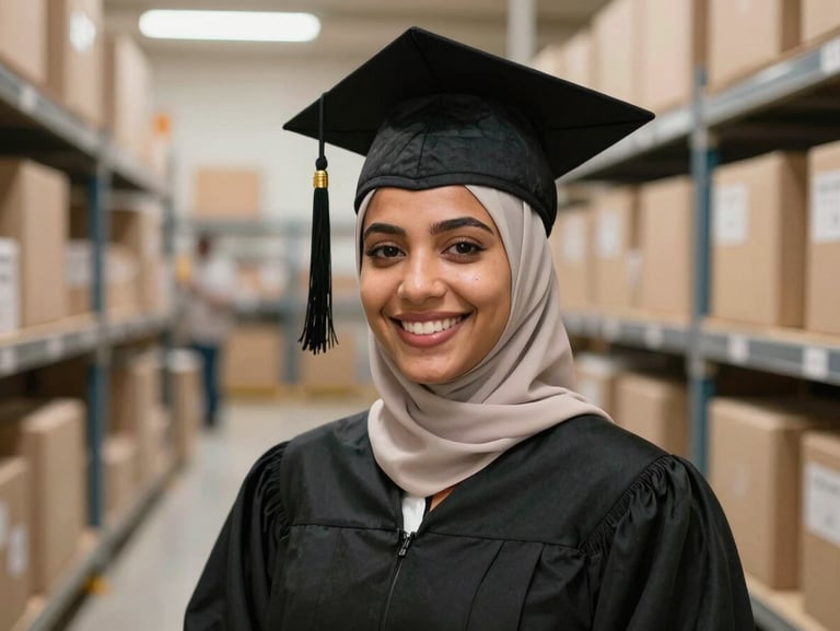 A close-up of Amina, a proud graduate, smiling warmly in front of her thriving distribution center, natural daylight, professional portrait.