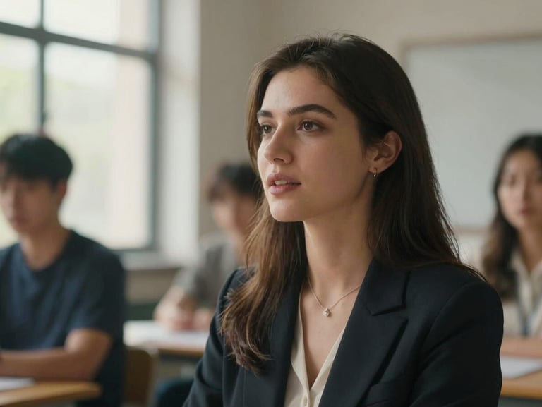 A medium close-up of a young woman speaking confidently during a collaborative workshop, warm natural light from a side window, shallow depth of field, focused and dignified expression.