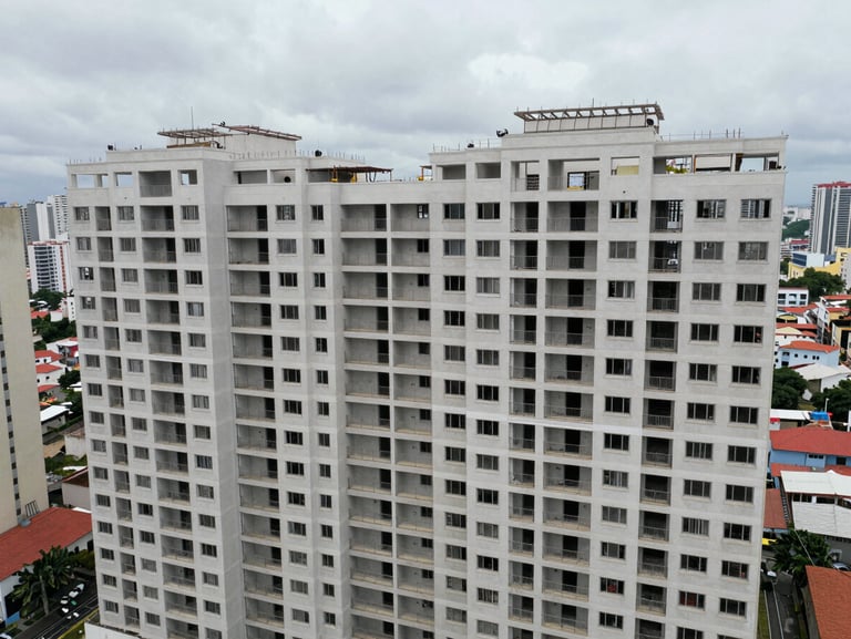 Wide shot of a completed mid-rise residential building exterior under overcast São Paulo sky, aerial perspective showing full structural volume and façade geometry, surrounding urban context visible, no people, documentary framing