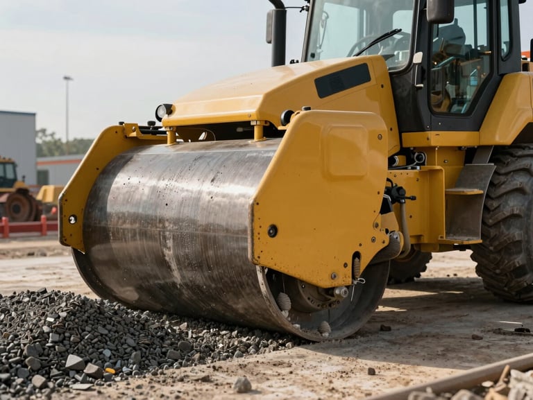 Close-up of heavy yellow sub-base stabilization machinery compacting aggregate base on a commercial job site, high-contrast morning light.