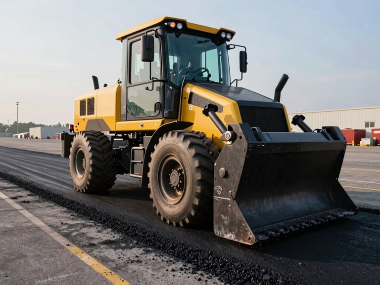 Low-angle heroic shot of a heavy asphalt paver laying fresh hot-mix asphalt on a multi-acre logistics terminal in Mississauga, sharp morning light