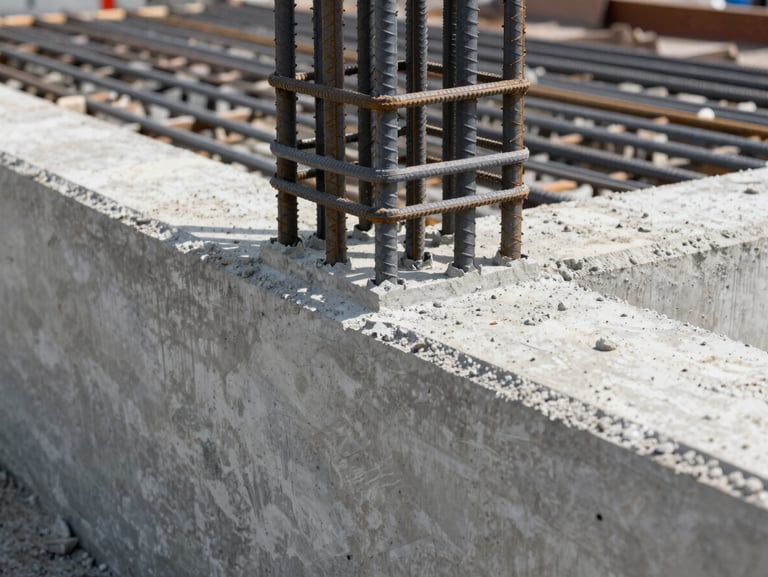 Close-up of freshly poured concrete joint with steel reinforcement bars visible on an active commercial loading dock rehabilitation site, crisp daylight.