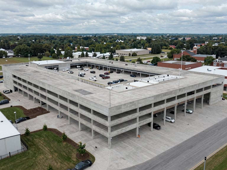 Wide-angle drone shot of a massive completed retail plaza concrete parking deck and structural loading dock in Vaughan, overcast daylight