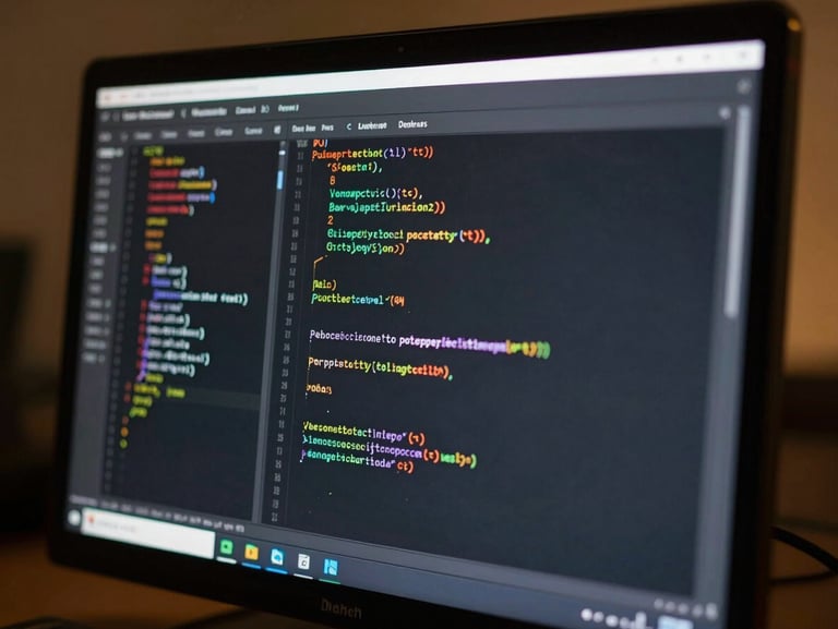 Macro shot of developer terminal screen displaying lines of clean, structured code, low-key studio lighting with sharp amber backlighting.