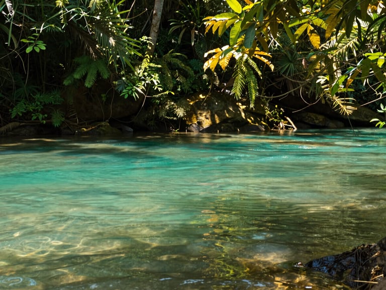Crystal-clear turquoise river in Nobres, lush green tropical foliage, sunlight filtering through the water, high-end travel photography.